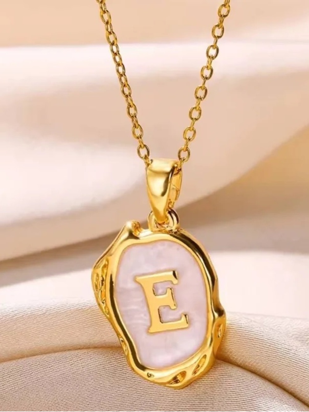 “E” Gold Plated Oceanus Oyster Shell Initial Necklace